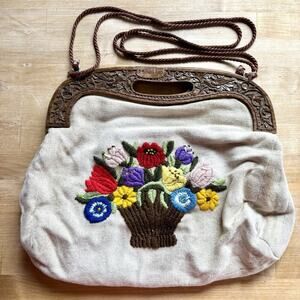 Vintage Floral Linen Hand Embroidered Handbag Crossbody Carved Wooden Handle